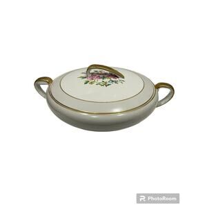 Noritake Round Covered  Serving Dish Pink Rose Grey Gold Trim Japan